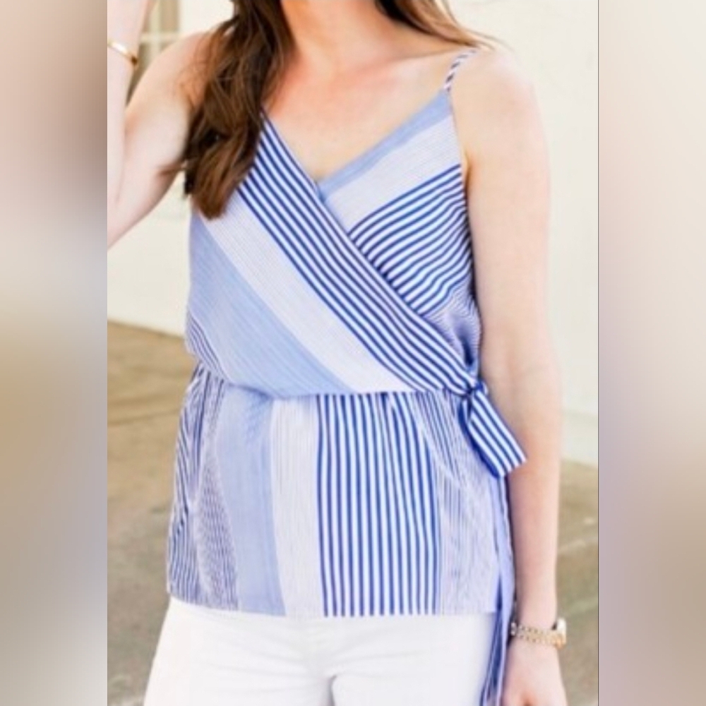 BANANA REPUBLIC Striped Navy & White Tie Wrap Cami Top Sz XL Spaghetti Straps